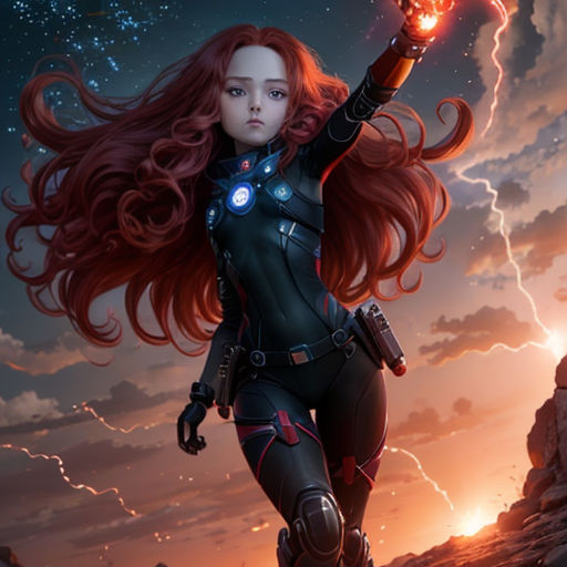 a woman in a black suit holding a red light up in the air with lightning behind her and a sky full of stars