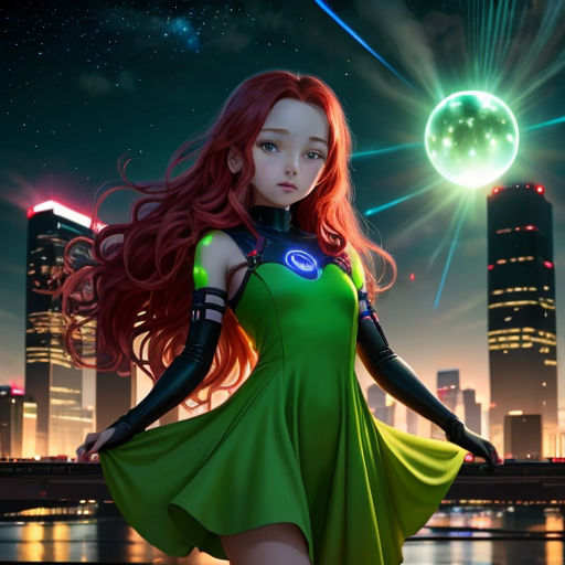 a girl in a green dress standing in front of a city skyline with a glowing orb in the background