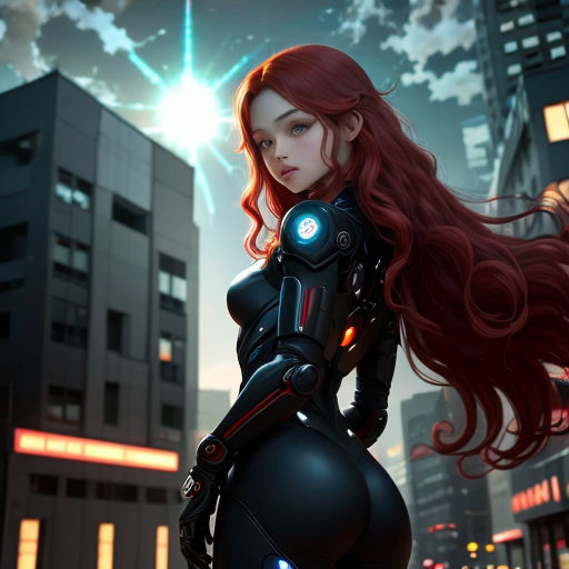 a woman in a futuristic suit standing in the city at night with her red hair blowing in the wind