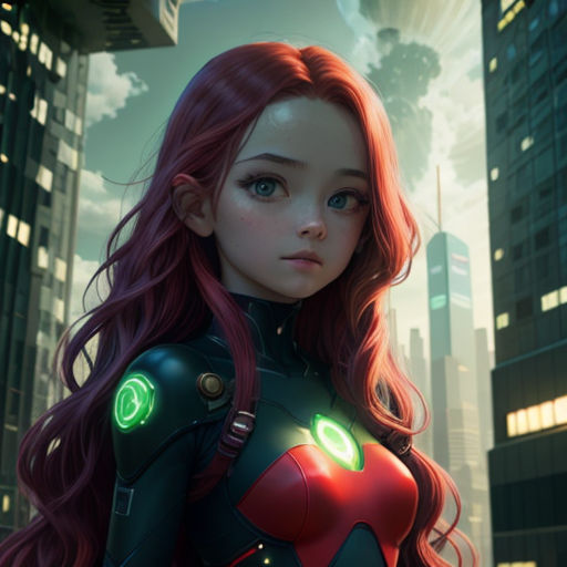 a girl with red hair and green eyes standing in front of a cityscape with skyscrapers and a futuristic city