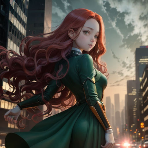 a girl in a green dress standing in the middle of a city street with her hair blowing in the wind
