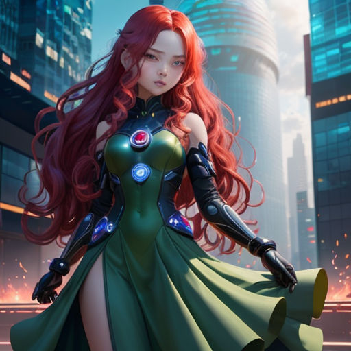 a woman in a green dress standing in front of a cityscape with a red hair and a futuristic suit
