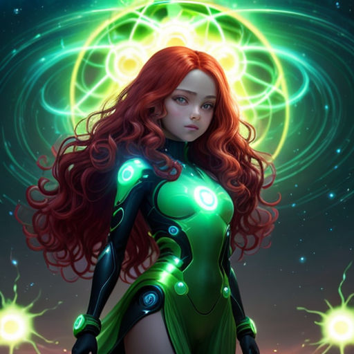 a woman in a green dress standing in front of a star filled sky with a green light on her chest