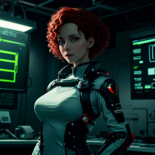 a woman in a futuristic suit standing in a room with a computer screen behind her and a green screen behind her