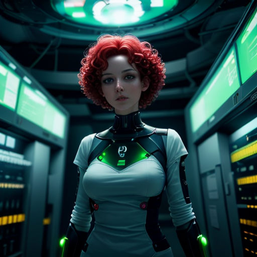 a woman in a futuristic suit standing in a server room with green lights on the ceiling and a green light on the ceiling