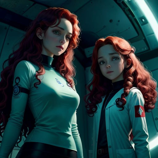 two women in green outfits standing next to each other in a room with a mirror on the wall and a circular light
