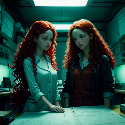 two women standing in a room with papers on the table and a light above them, both of them are looking at the camera