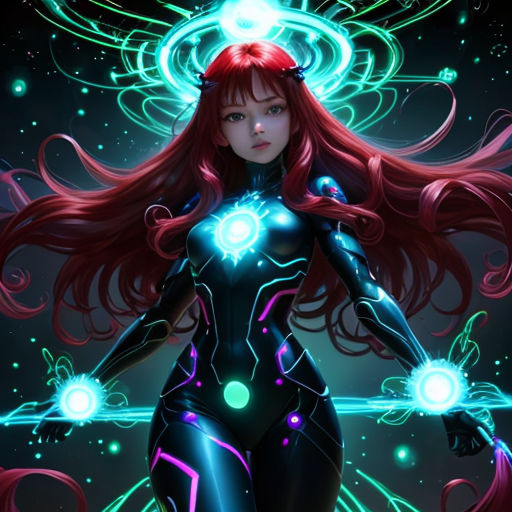 a woman with red hair and glowing lights in her body, standing in front of a blue background with circles and stars