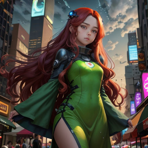 a woman in a green dress standing in the middle of a city street with a futuristic cityscape in the background