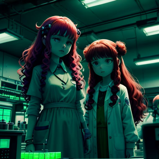 two girls in a science lab with green lights and a green background, one of them is wearing a white coat