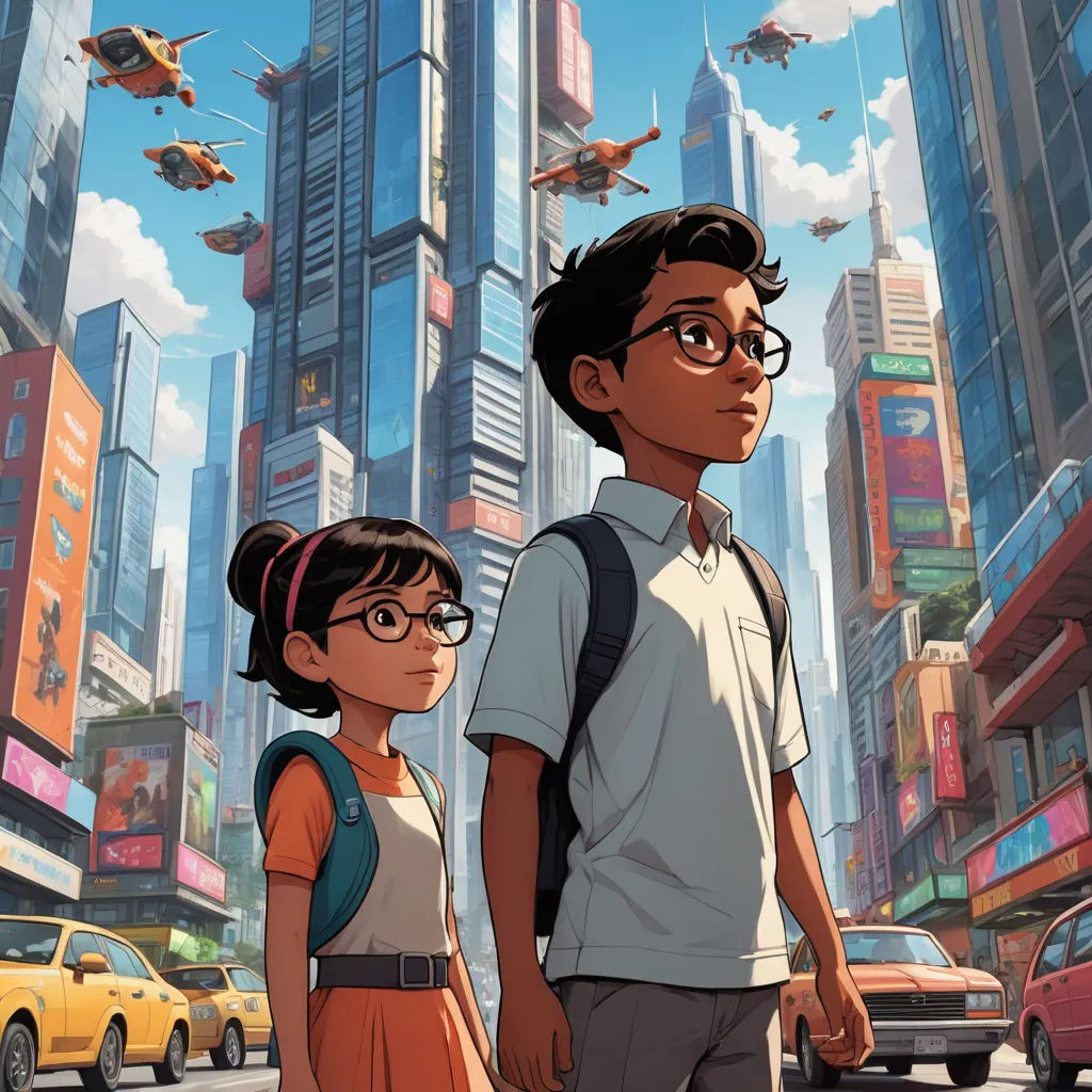 a man and a woman standing in front of a cityscape with a plane flying overhead in the sky, american scene painting, poster art, Aaron Jasinski, graphic novel