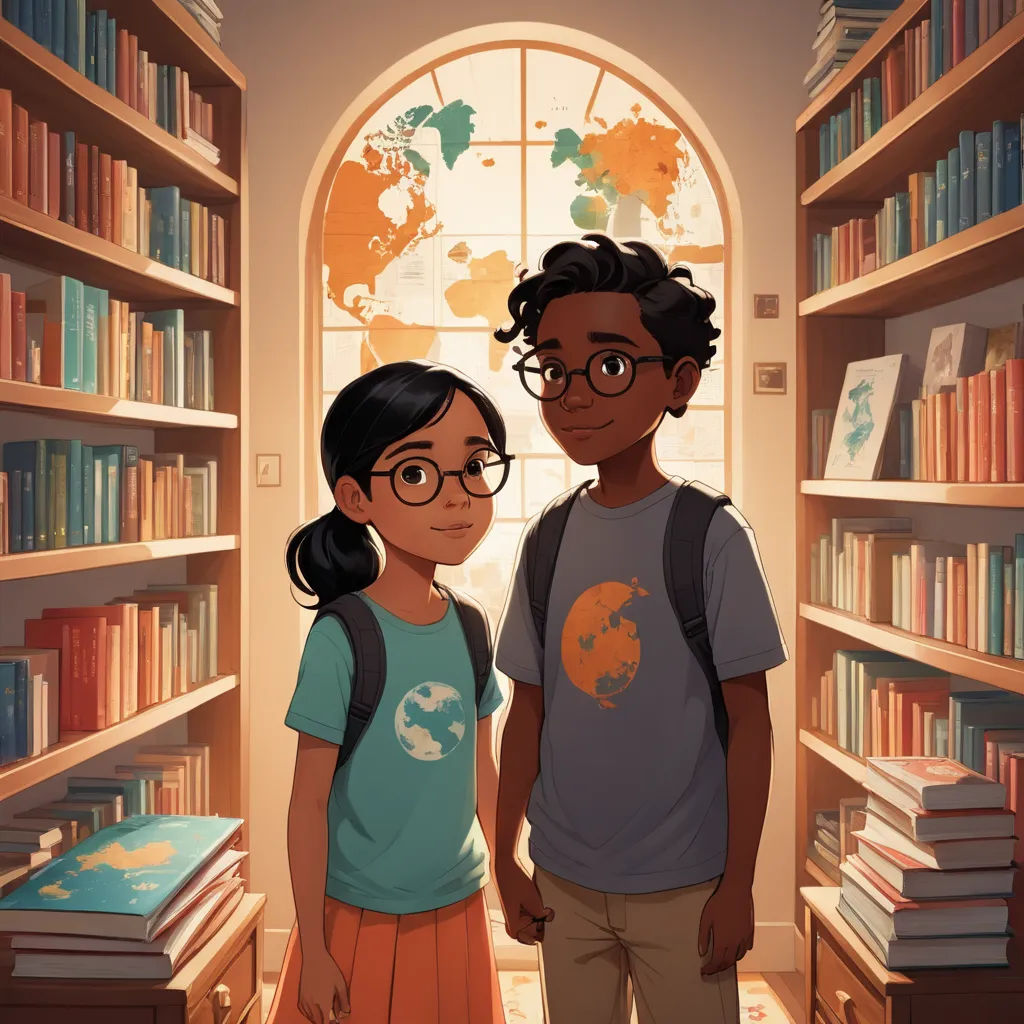 a couple of kids standing in front of a book shelf filled with books and bookshelves filled with books, magical realism, a storybook illustration, Chris LaBrooy, rossdraws global illumination