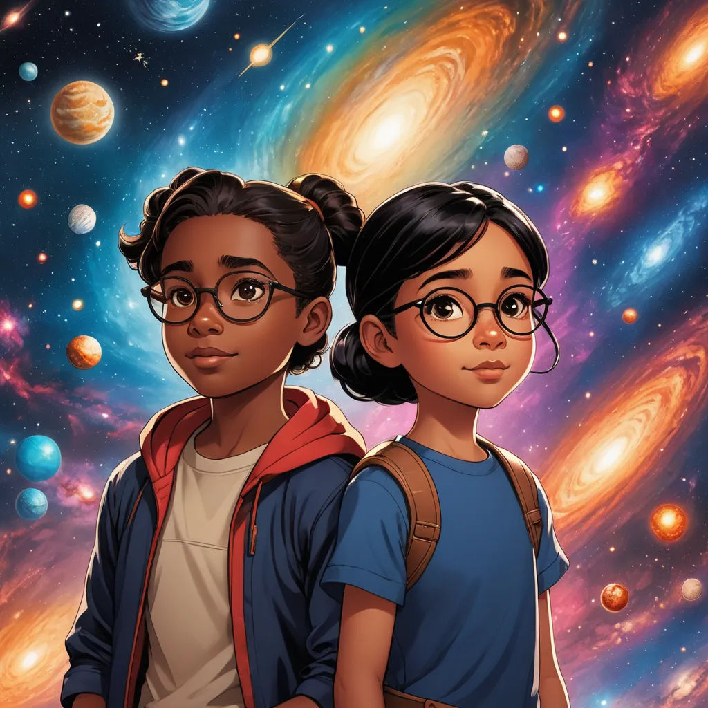 two children standing in front of a space background with planets and stars in the background, and a bright star cluster, space art, poster art, Aaron Jasinski, comic cover art