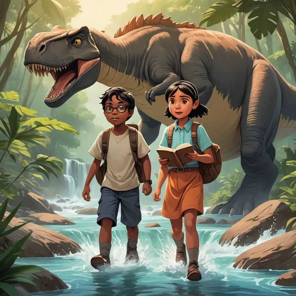 a boy and a girl are standing in front of a dinosaur in the jungle with a book in their hands, process art, a storybook illustration, Adam Rex, official art