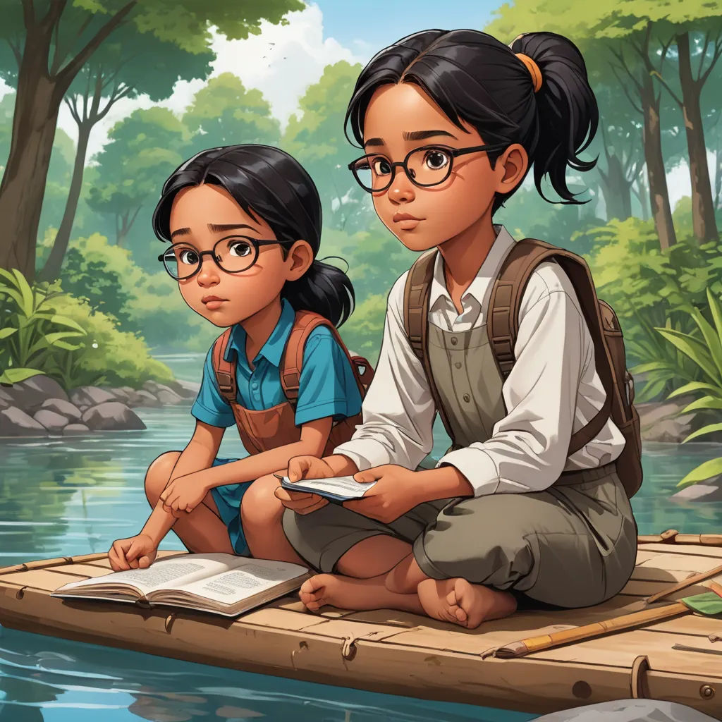 a girl and boy sitting on a raft in a river reading a book together, with a forest in the background, serial art, a storybook illustration, Brothers Hildebrandt, official art