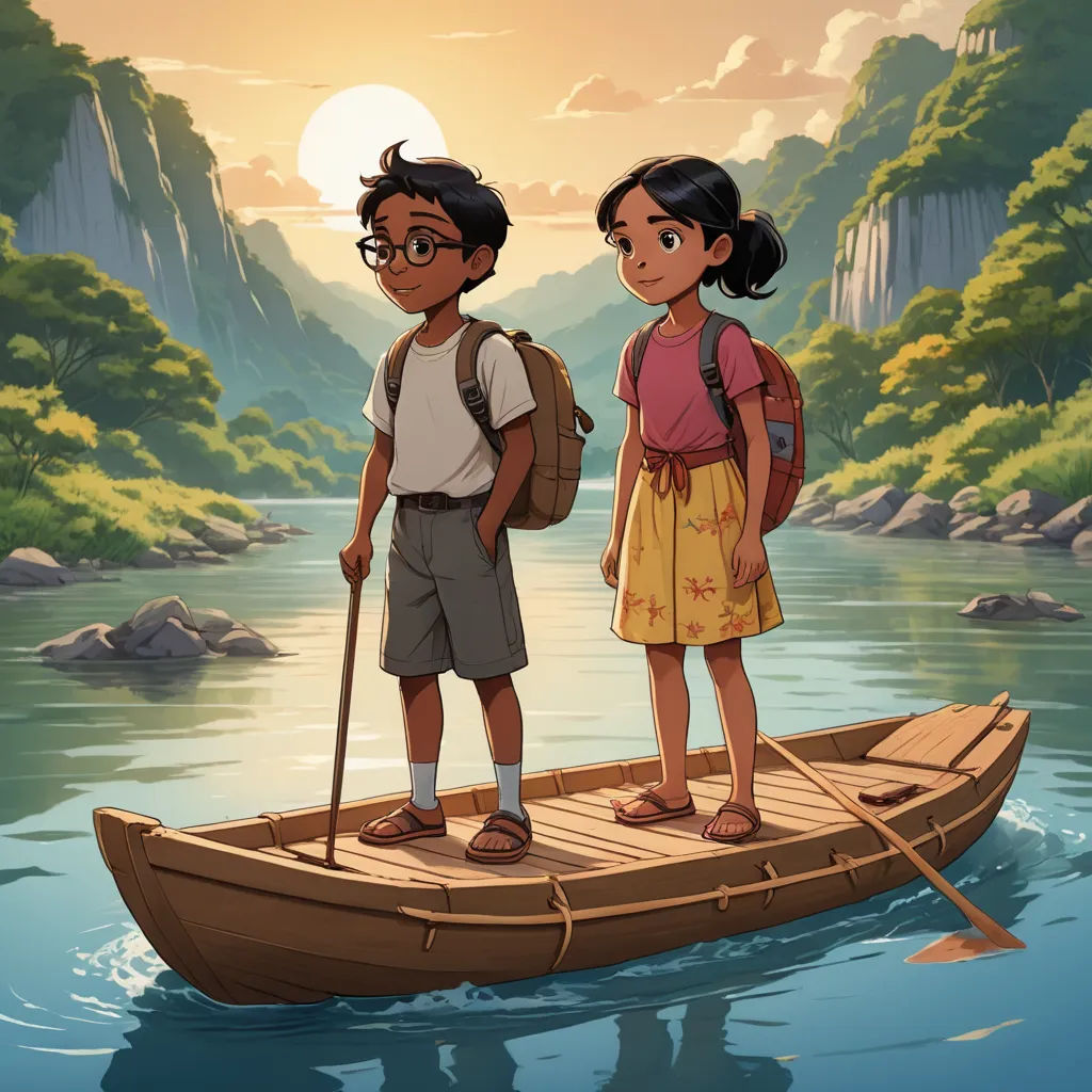 two children standing on a boat in a river with a mountain background and a sunset in the background, with a person standing on the boat, magical realism, a storybook illustration, Cliff Childs, promotional image