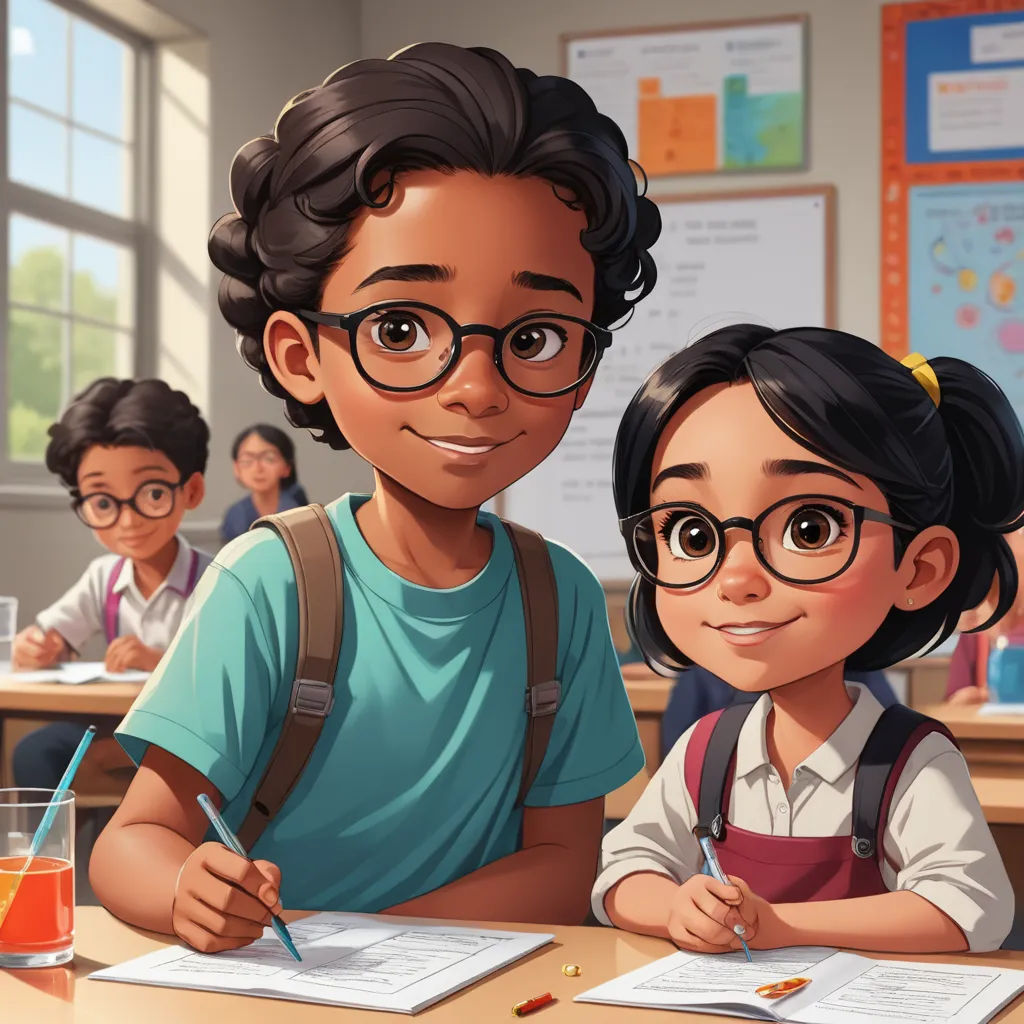 a boy and girl sitting at a desk with a book and pencil in front of them and a glass of juice, paris school, computer graphics, Chris LaBrooy, official art