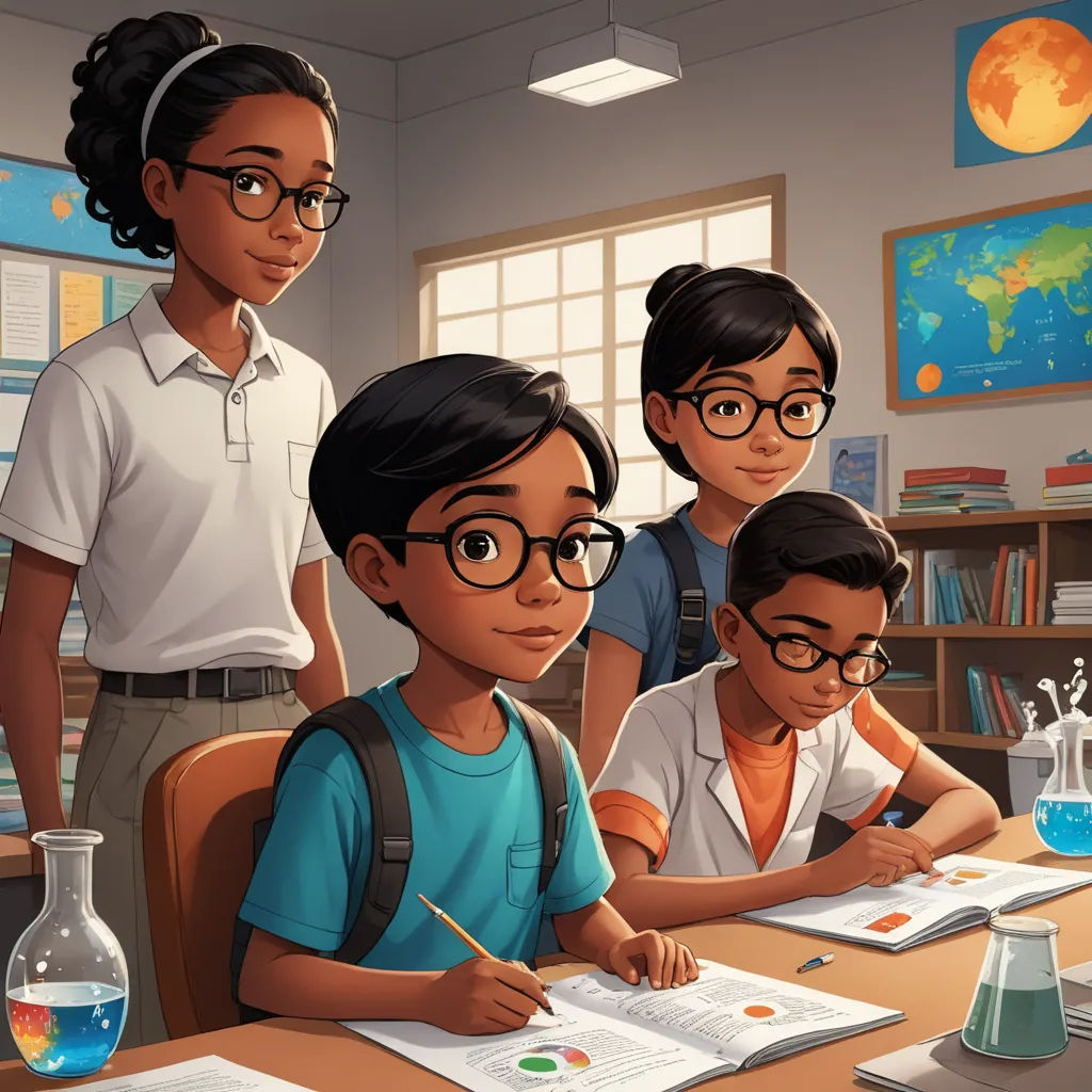 a group of children sitting at a table with a book and a pencil in front of them and a teacher, american scene painting, concept art, Chris LaBrooy, official art