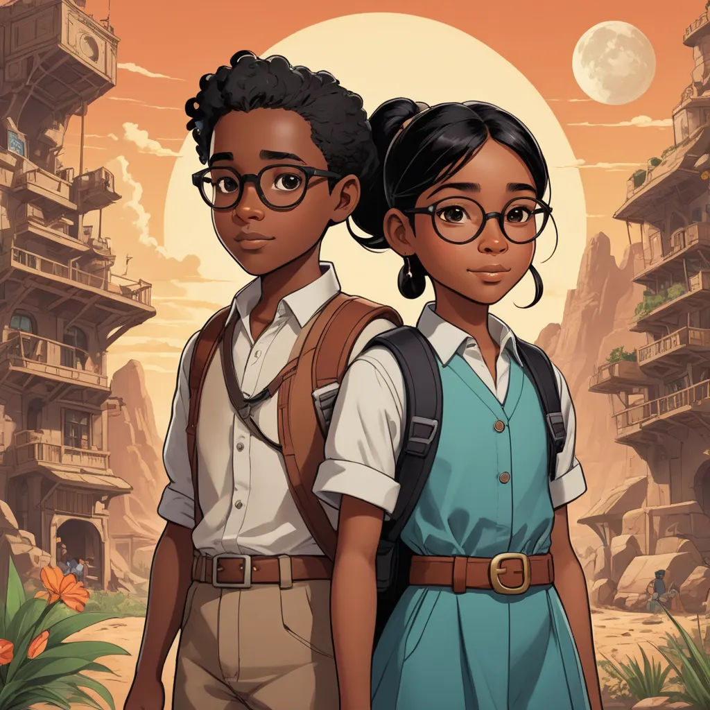 a couple of people standing next to each other in front of a city with a full moon in the background, afrofuturism, poster art, Chinwe Chukwuogo-Roy, comic cover art