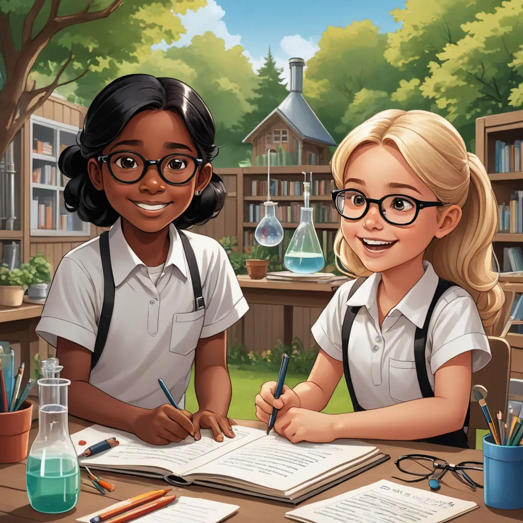 a cartoon of two girls sitting at a desk with books and pencils in front of them and a bookcase behind them, american scene painting, a storybook illustration, Constance Gordon-Cumming, promotional image