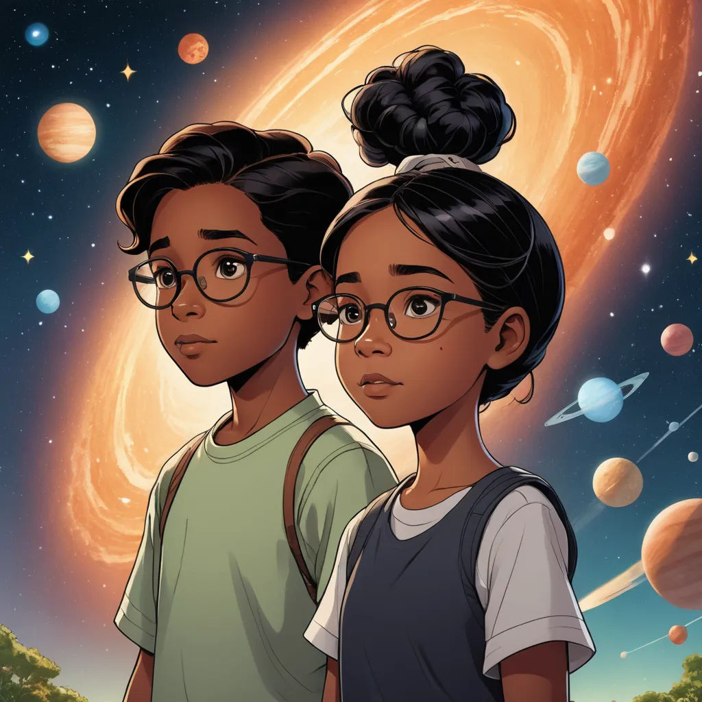 two children standing in front of a solar system with planets in the background and a sun in the sky, space art, poster art, Felix-Kelly, comic cover art