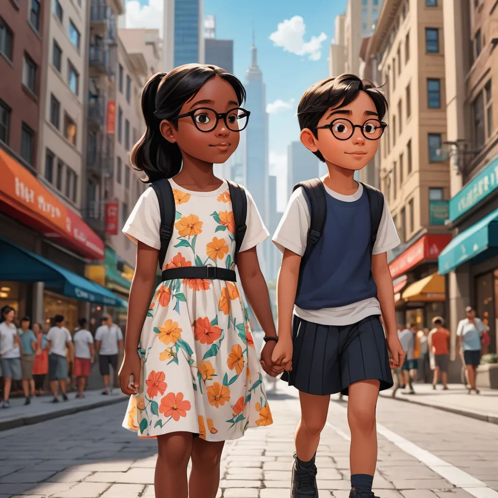 two children walking down a street holding hands and wearing glasses and holding hands with each other, with a city in the background, photorealism, poster art, Chris LaBrooy, promotional image