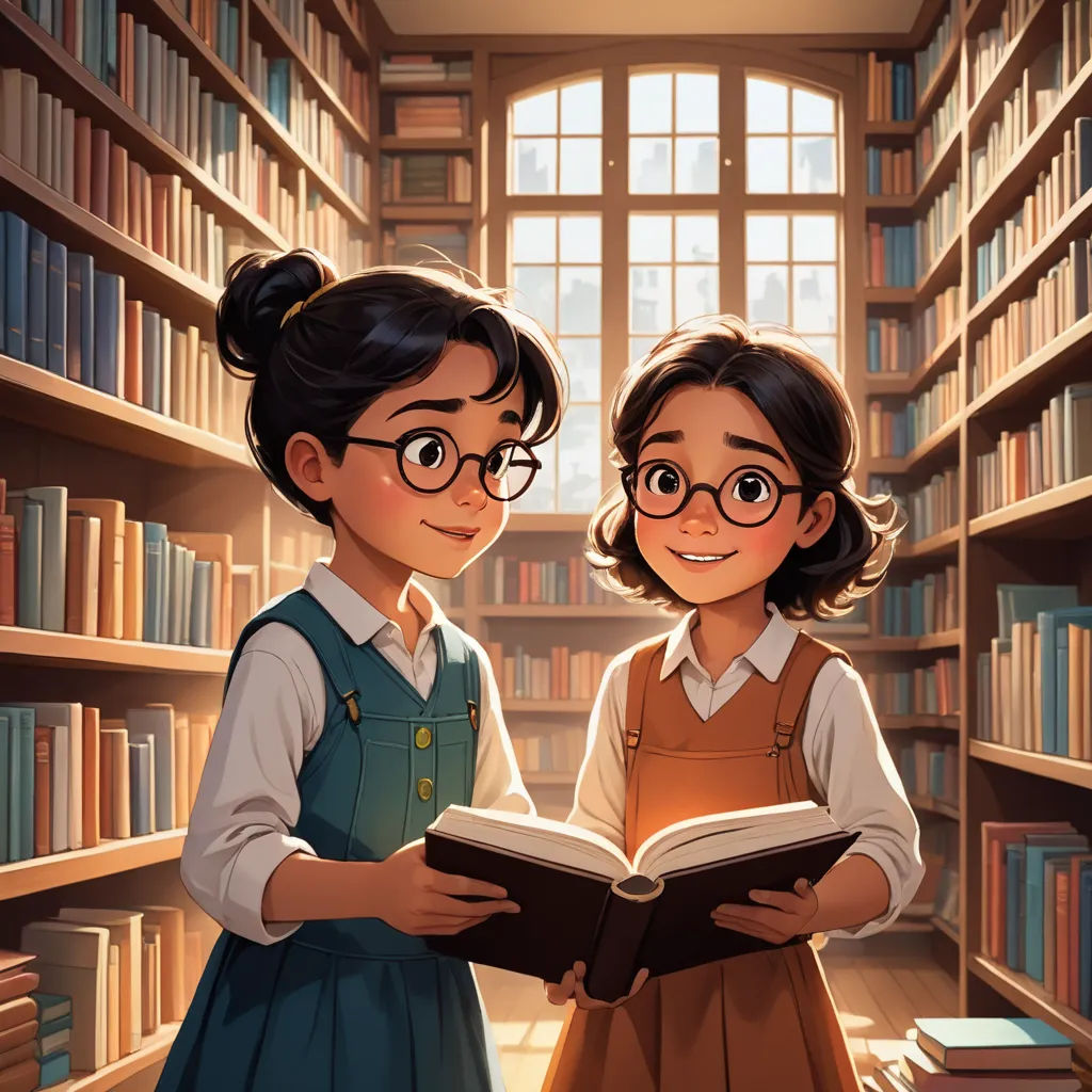 two girls reading a book in a library with bookshelves in the background and a window to the left, serial art, a storybook illustration, Diego Gisbert Llorens, rossdraws global illumination