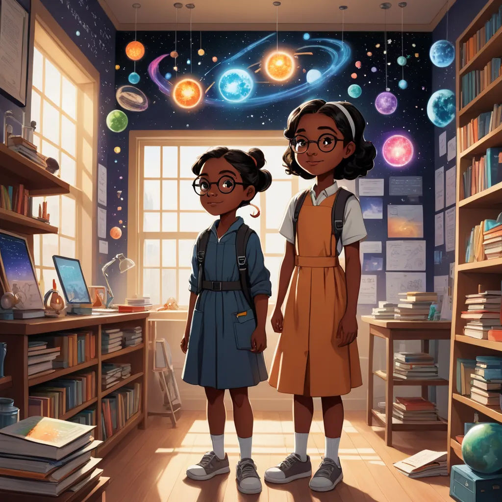 two young girls standing in a room with a bookcase full of books and a window with planets hanging from it, space art, concept art, Chris LaBrooy, official art
