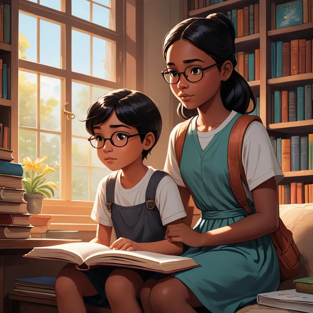 a woman and a child sitting on a couch reading a book together in front of a window with bookshelves, serial art, a storybook illustration, Anthony Devas, rossdraws global illumination