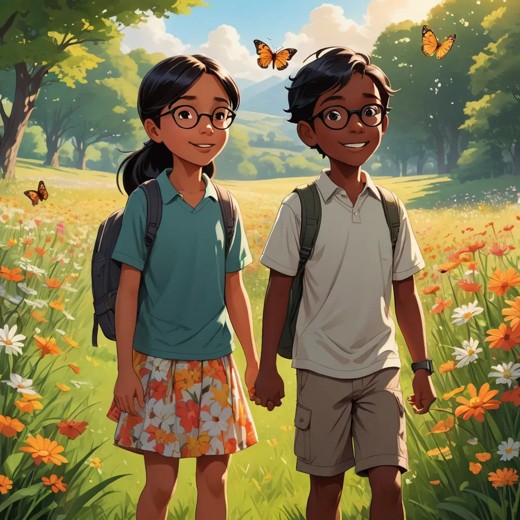 a couple of kids standing next to each other in a field of flowers and butterflies with a butterfly flying above them, american scene painting, a storybook illustration, Aaron Jasinski, official art