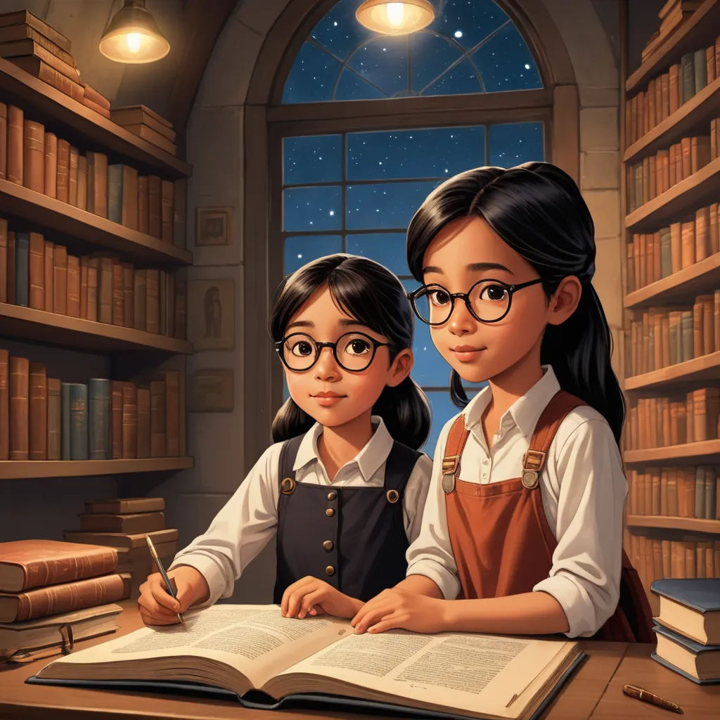 a couple of kids sitting at a table with a book and pen in front of them and a window, fantasy art, a storybook illustration, Colin Middleton, official art