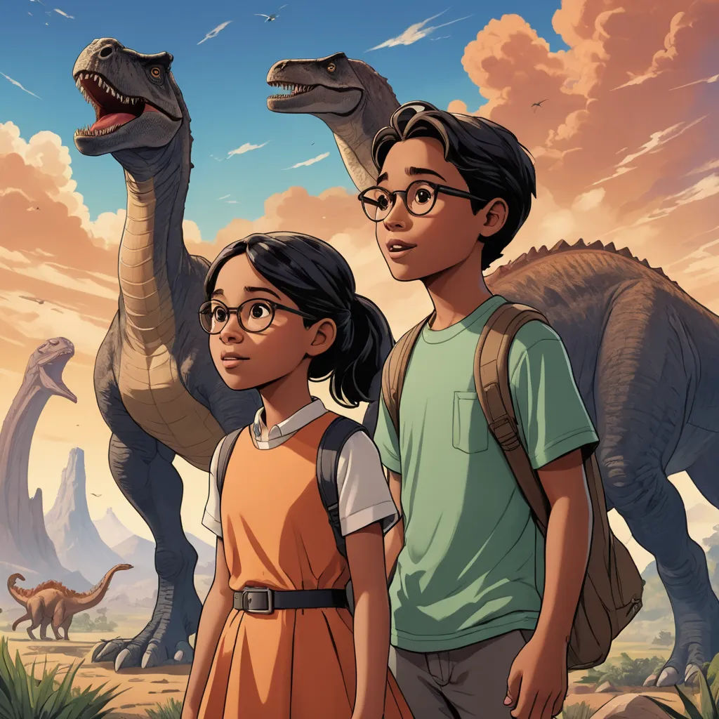 a boy and girl standing next to a dinosaur in a field of dinosaurs with a sky background and clouds, process art, poster art, Adam Rex, rossdraws global illumination