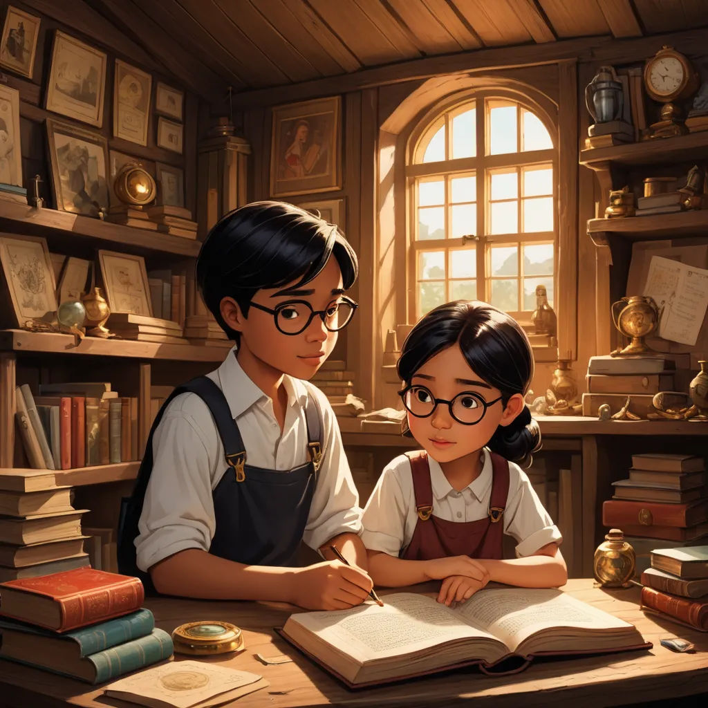 a boy and girl sitting at a desk with a book in front of them and a window in the background, fantasy art, a storybook illustration, Aaron Jasinski, rossdraws global illumination