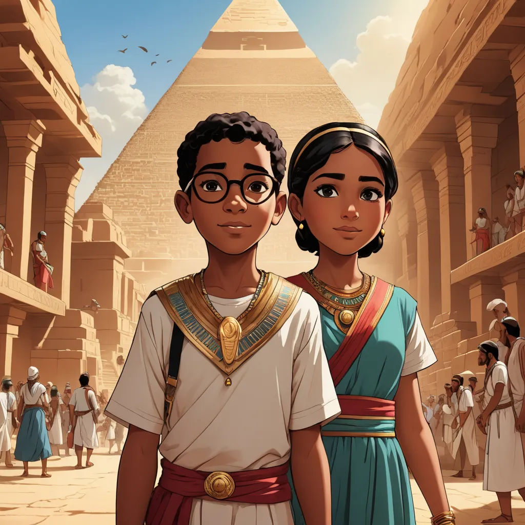 a couple of people standing next to each other in front of a pyramid and a crowd of people in the background, afrofuturism, egyptian art, Asaf Hanuka, graphic novel