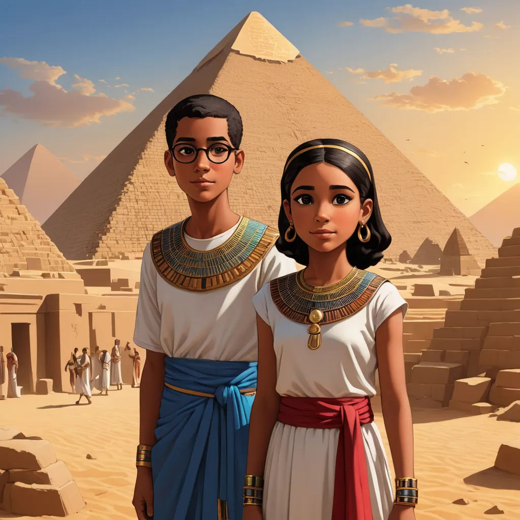 a couple of people standing in front of a pyramid with a sky background and a sky background with clouds, afrofuturism, egyptian art, Asaf Hanuka, promotional image