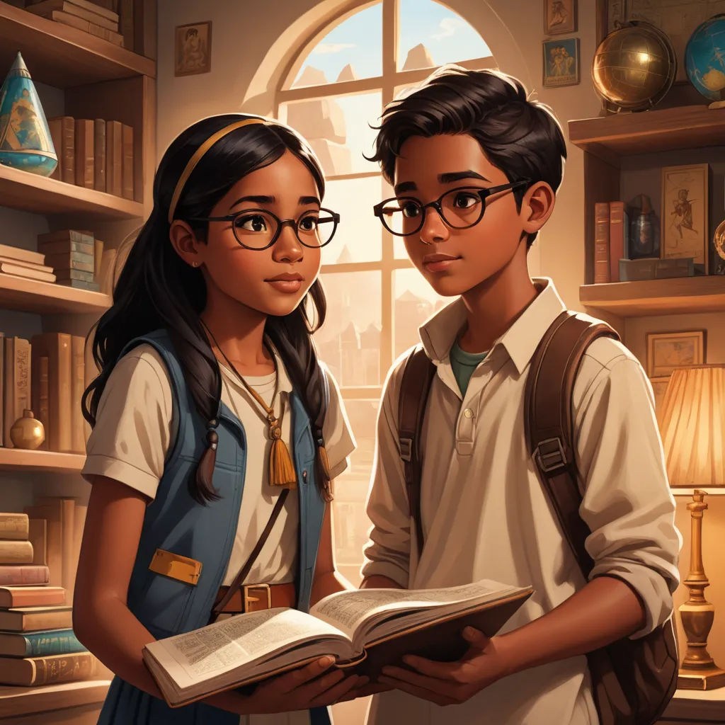 a boy and a girl standing next to each other holding a book in front of a window with a bookcase, fantasy art, poster art, Chris LaBrooy, rossdraws global illumination
