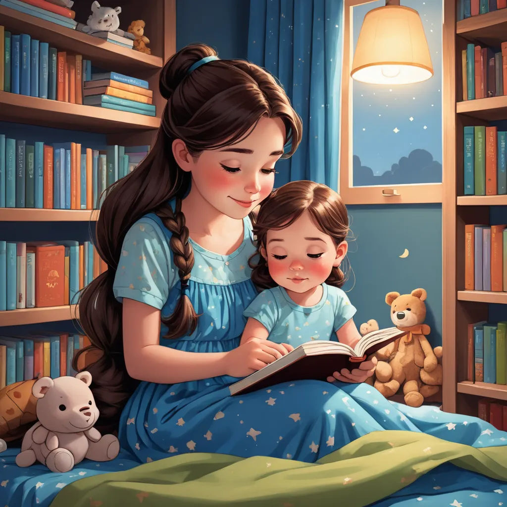a painting of a girl reading a book to a little girl in bed with a teddy bear and a teddy bear lamp, fantasy art, a storybook illustration, Cyril Rolando, storybook illustration
