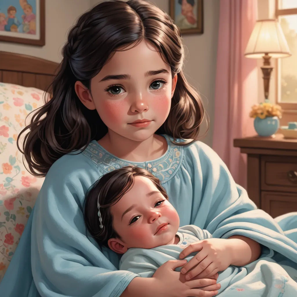 a painting of a little girl holding a baby girl in her arms while sitting on a couch in a bedroom, photorealism, a storybook illustration, Brothers Hildebrandt, storybook illustration