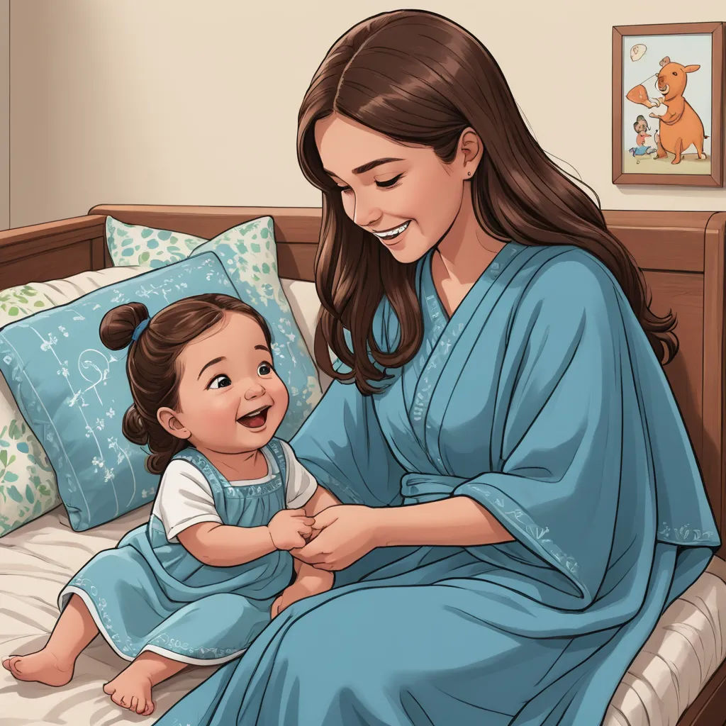 a woman in a blue robe holding a little girl in a bed with pillows and a teddy bear on the wall, lyco art, a storybook illustration, Clarice Beckett, storybook illustration