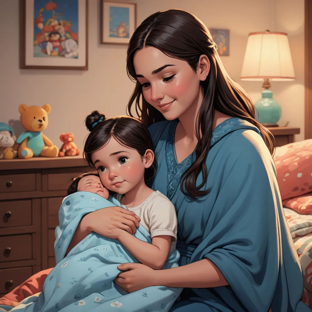 a woman holding a child wrapped in a blanket in a bedroom with a teddy bear on the bed and a teddy bear on the nightstand, photorealism, a storybook illustration, Artgerm, stanley artgerm lau