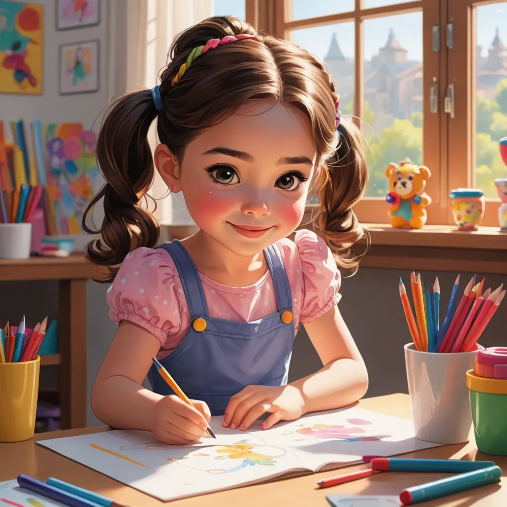 a little girl is sitting at a desk with a book and pencils in front of her and a teddy bear, photorealism, a photorealistic painting, Artgerm, rossdraws global illumination
