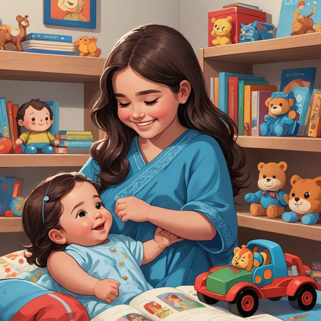 a woman holding a baby in a room full of books and toys, while a child sits on a bed, photorealism, a storybook illustration, Artgerm, storybook illustration