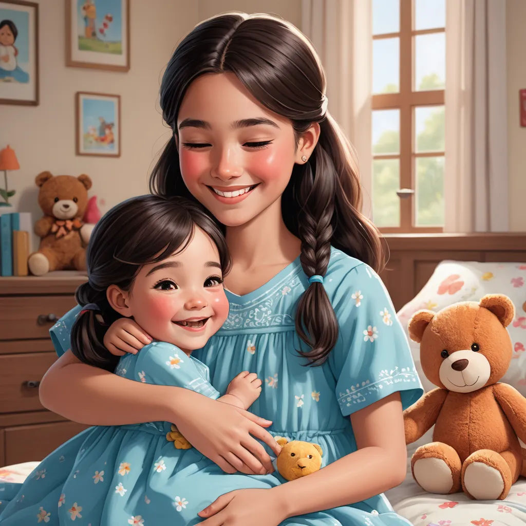 a painting of a girl hugging a little girl on her lap with a teddy bear beside her on a bed, photorealism, a storybook illustration, disney, cgstudio