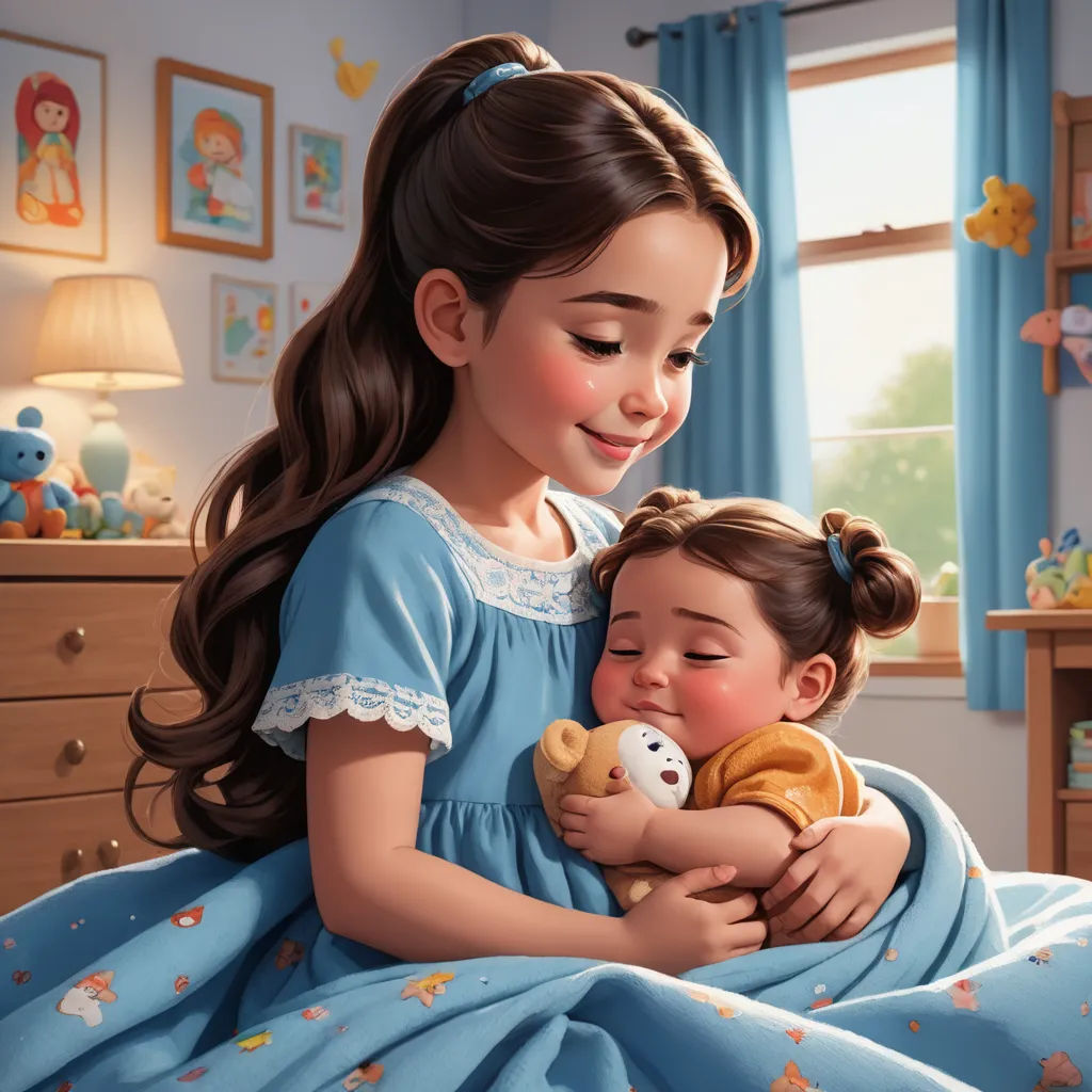 a painting of a girl hugging a little girl in bed with a teddy bear in her lap and a teddy bear in her lap, photorealism, a storybook illustration, Caroline Lucy Scott, storybook illustration