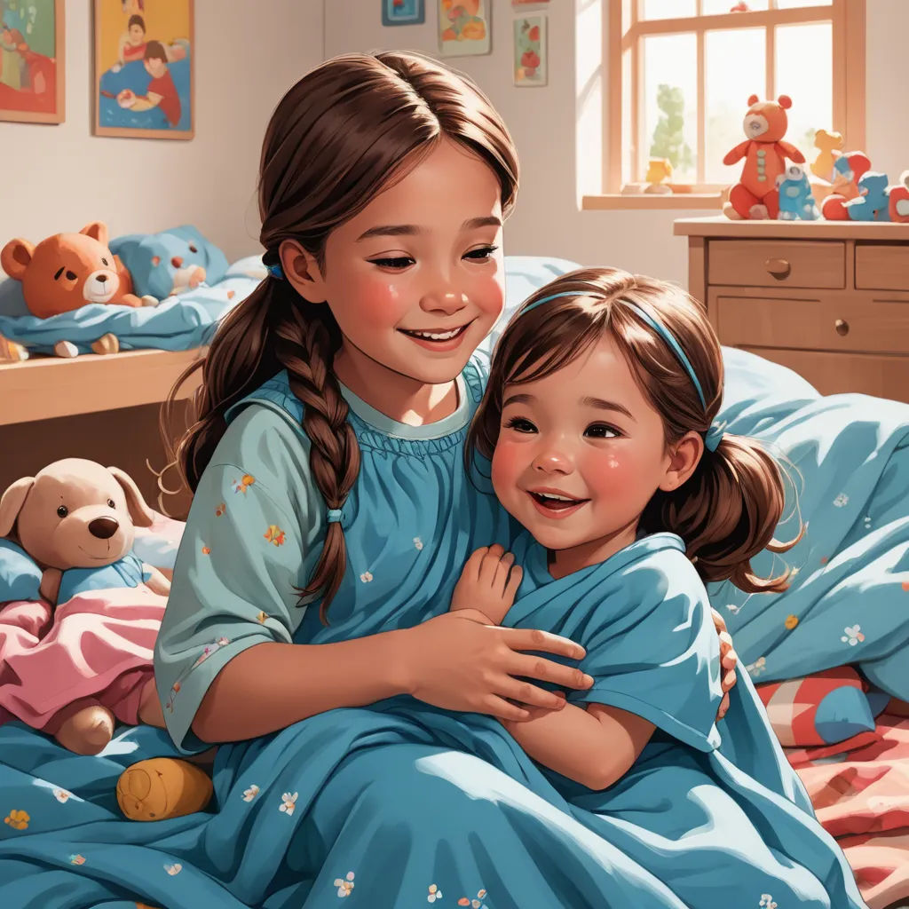 a painting of two girls hugging each other on a bed with teddy bears in the background and a window, photorealism, a storybook illustration, Brothers Hildebrandt, storybook illustration