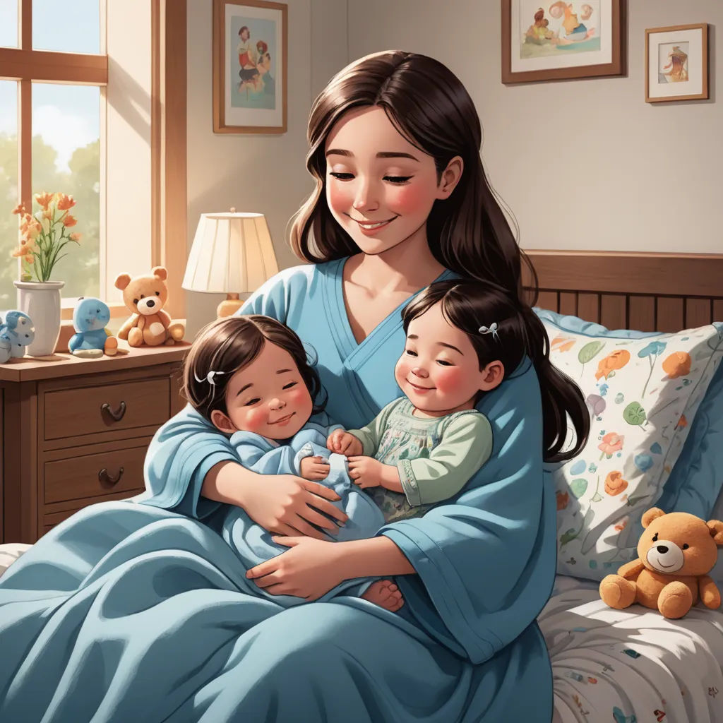 a woman holding two children while sitting on a bed in a bedroom with a teddy bear and a teddy bear, photorealism, a storybook illustration, Diego Gisbert Llorens, storybook illustration