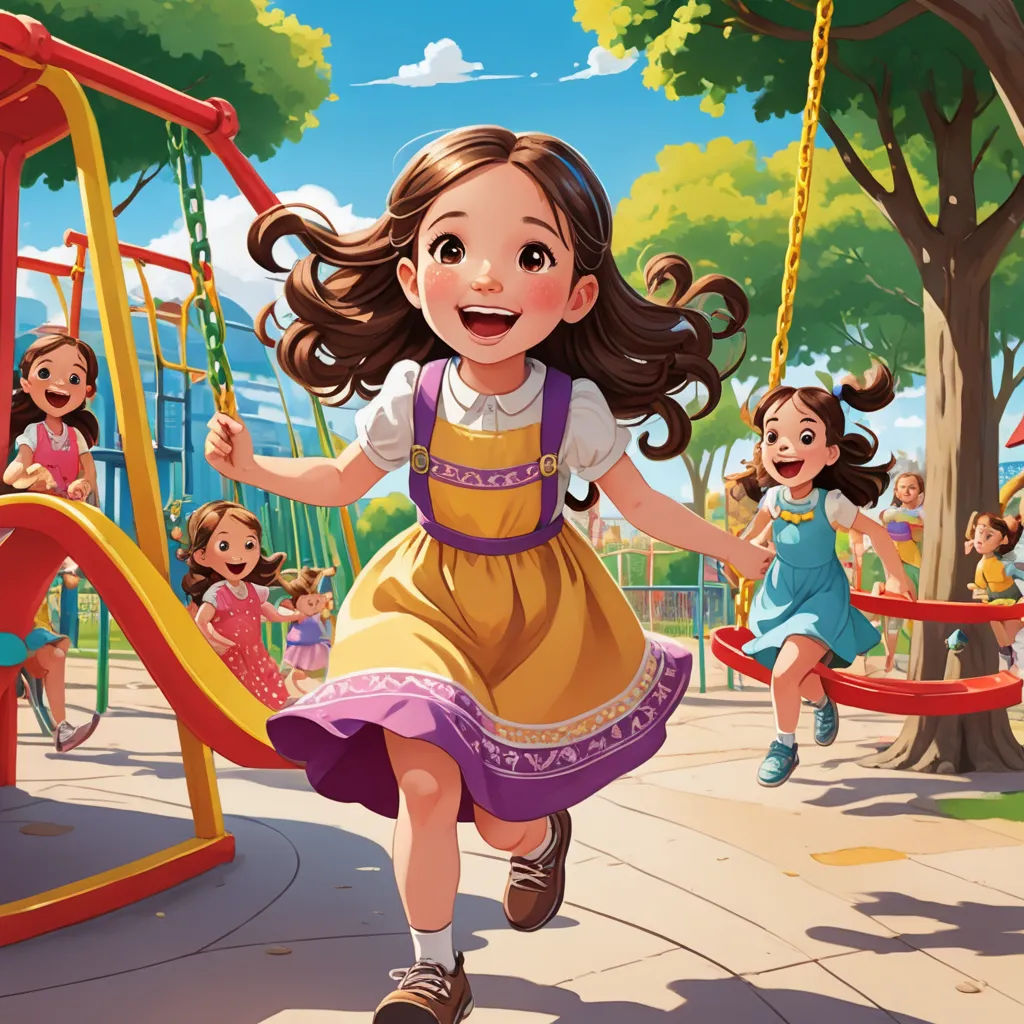 a girl in a dress is running on a playground with other children in the background and a swing set, american scene painting, a storybook illustration, Art Brenner, official art