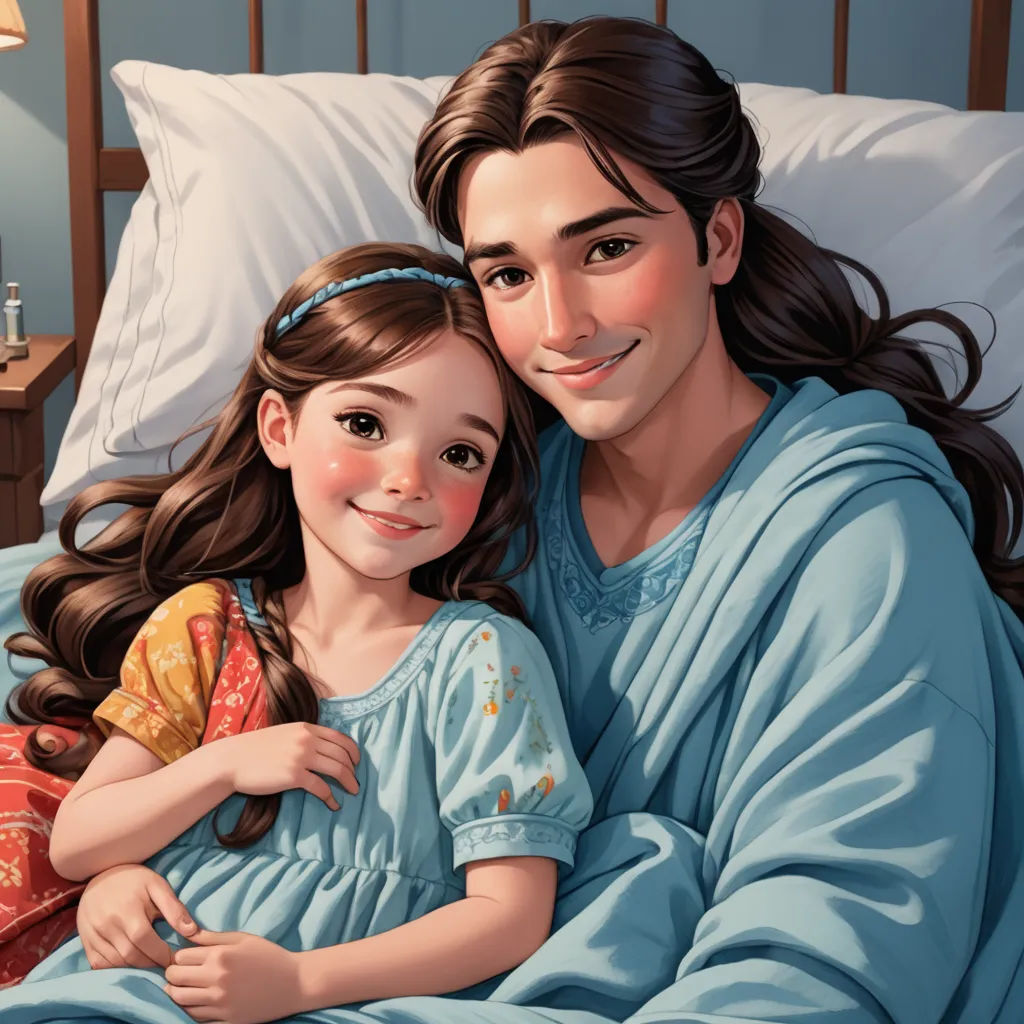 a painting of a man and a girl in bed together, hugging and smiling at the camera, with a night stand in the background, american scene painting, a storybook illustration, disney, storybook illustration