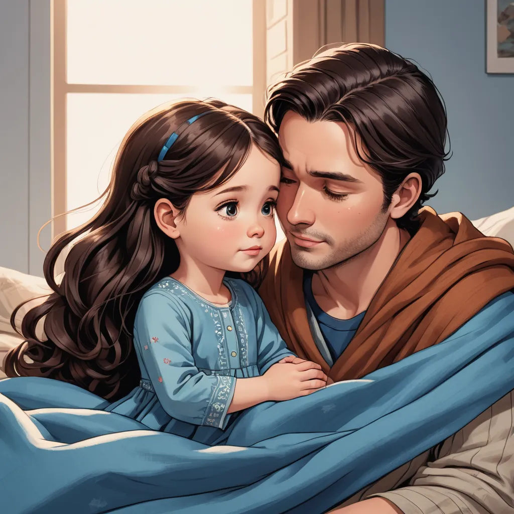 a man and a little girl are wrapped up in a blanket and looking at each other while sitting on a bed, dada, a storybook illustration, Cliff Childs, storybook illustration