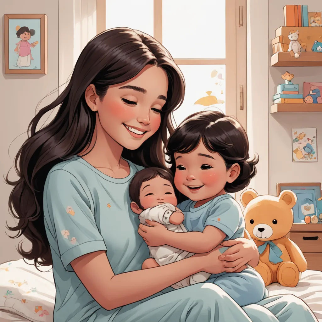 a woman holding a baby while sitting on a bed with a teddy bear and a teddy bear on the bed, lyco art, a storybook illustration, Artgerm, stanley artgerm lau